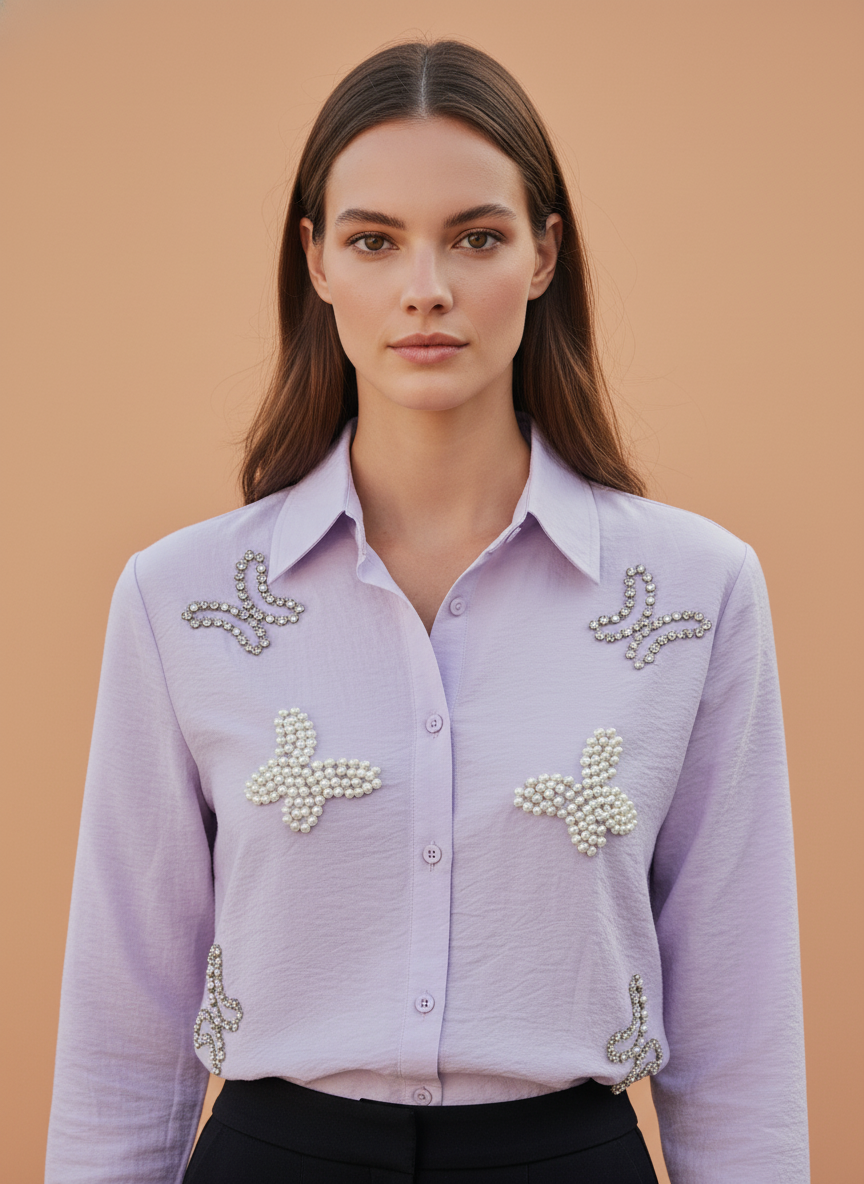 Lavender Pearl Embellished Designer Womens Shirt