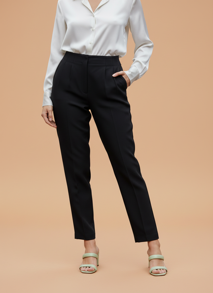 Banana Crepe Black Skin Fit Multi Pleated Trouser