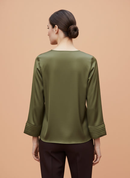 Women's European Satin V Neck Long Sleeve Top