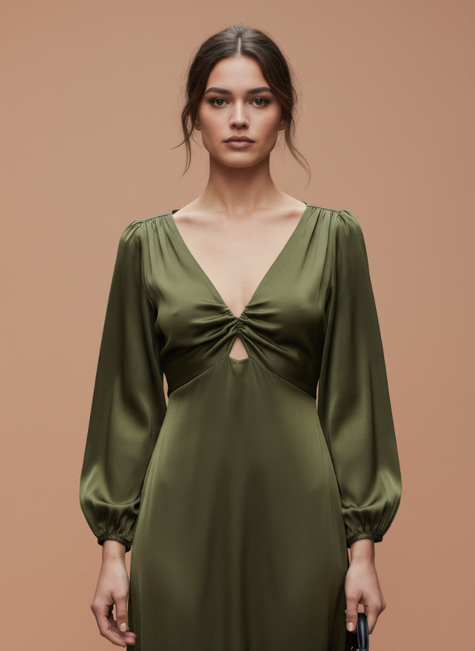 European Satin Midi Dress Olive