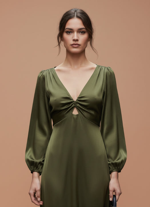 European Satin Midi Dress Olive