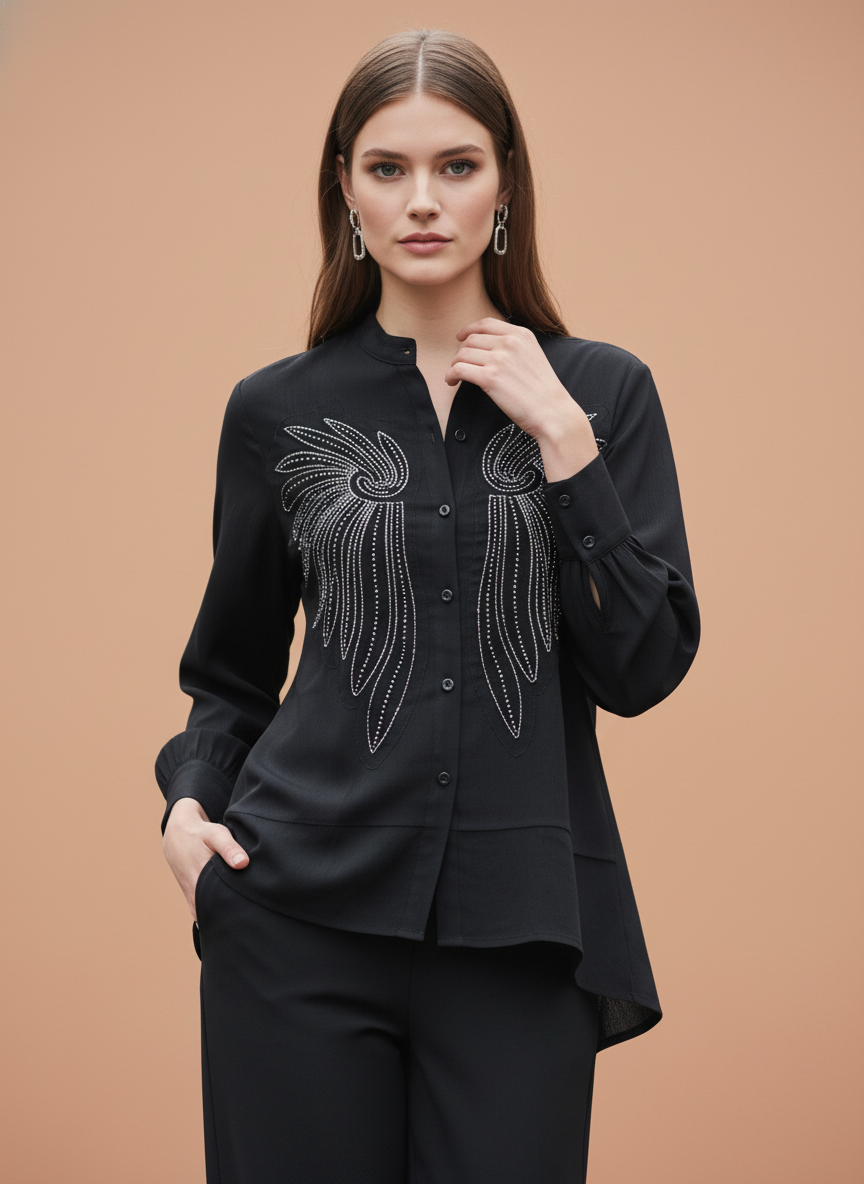 Elegant Black Embellished Shirt & Wide-Leg Pants Set