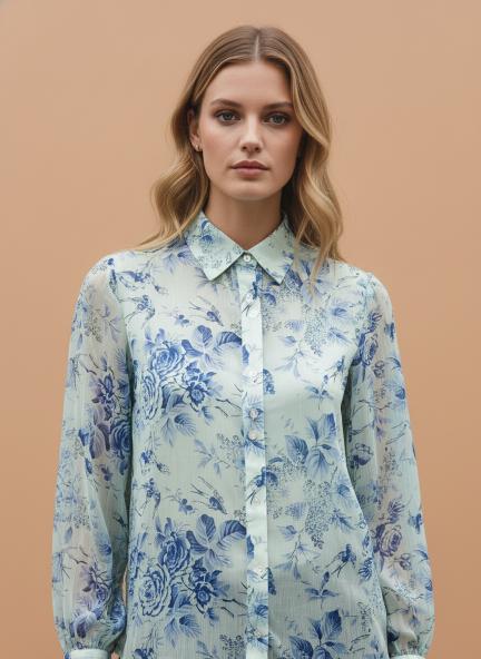 Premium Chiffon Blue And White Long Length Curved Hem Digital Print Shirt