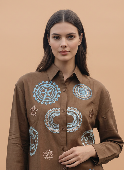 Brown Multi-Color Circular Embroidered Cotton Shirt