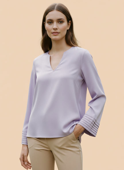 European Satin V Neck Long Sleeve Top