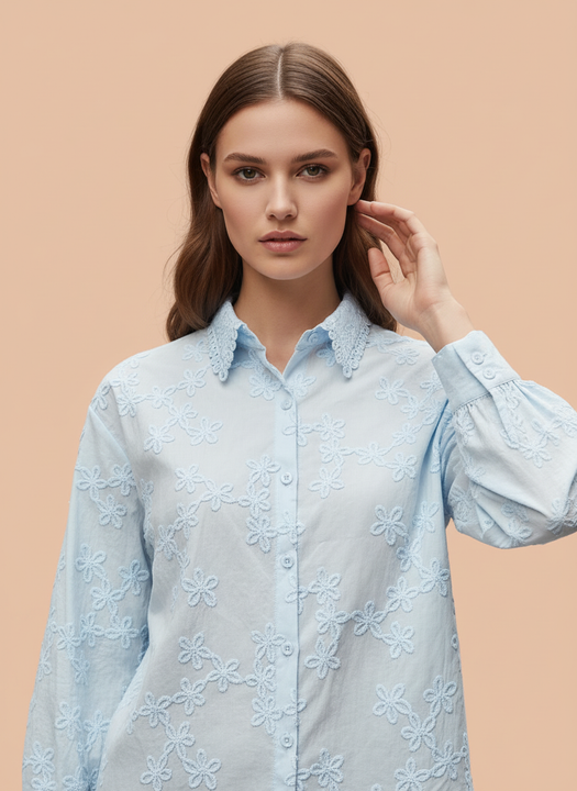 Light Blue Floral Embroidered Women Shirt