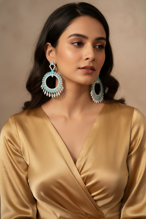 Elegant Sky Blue & Silver Cubic Zirconia Statement Hoop Earrings for Women