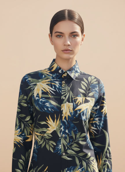 Women'S Premium Rayon Shirt With Jungle Print In Full Sleeve And Black Color