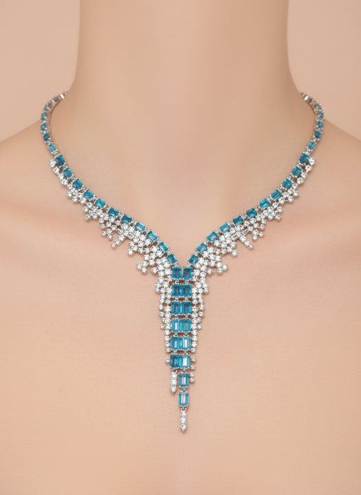 Luxury Aqua Blue Cubic Zirconia Necklace & Earrings Set