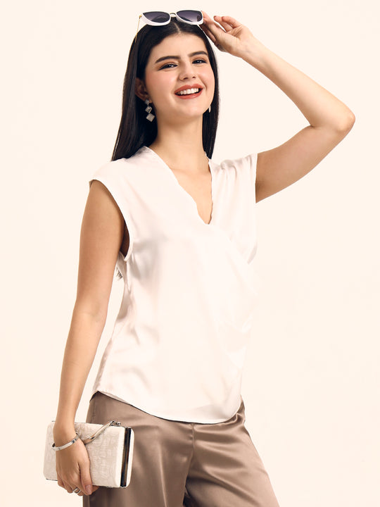 Women's Luxury European Satin V Neck Pleated Sleeveless Top