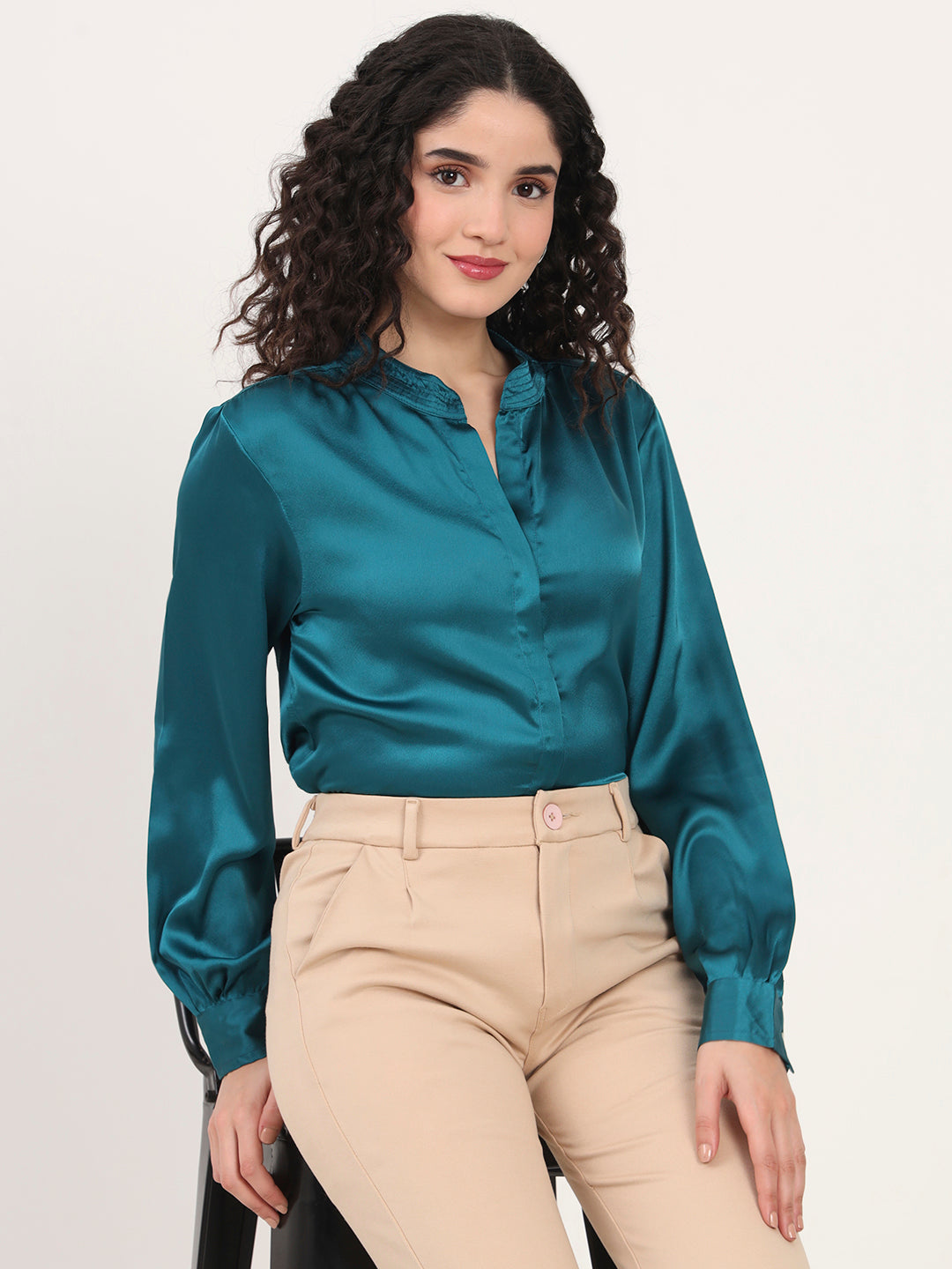 Summer Satin Peacock Mandarin Collar Shirt