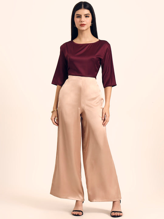 Luxury Satin Wide Leg Pants European Fabric  Rose Sand Glam Look