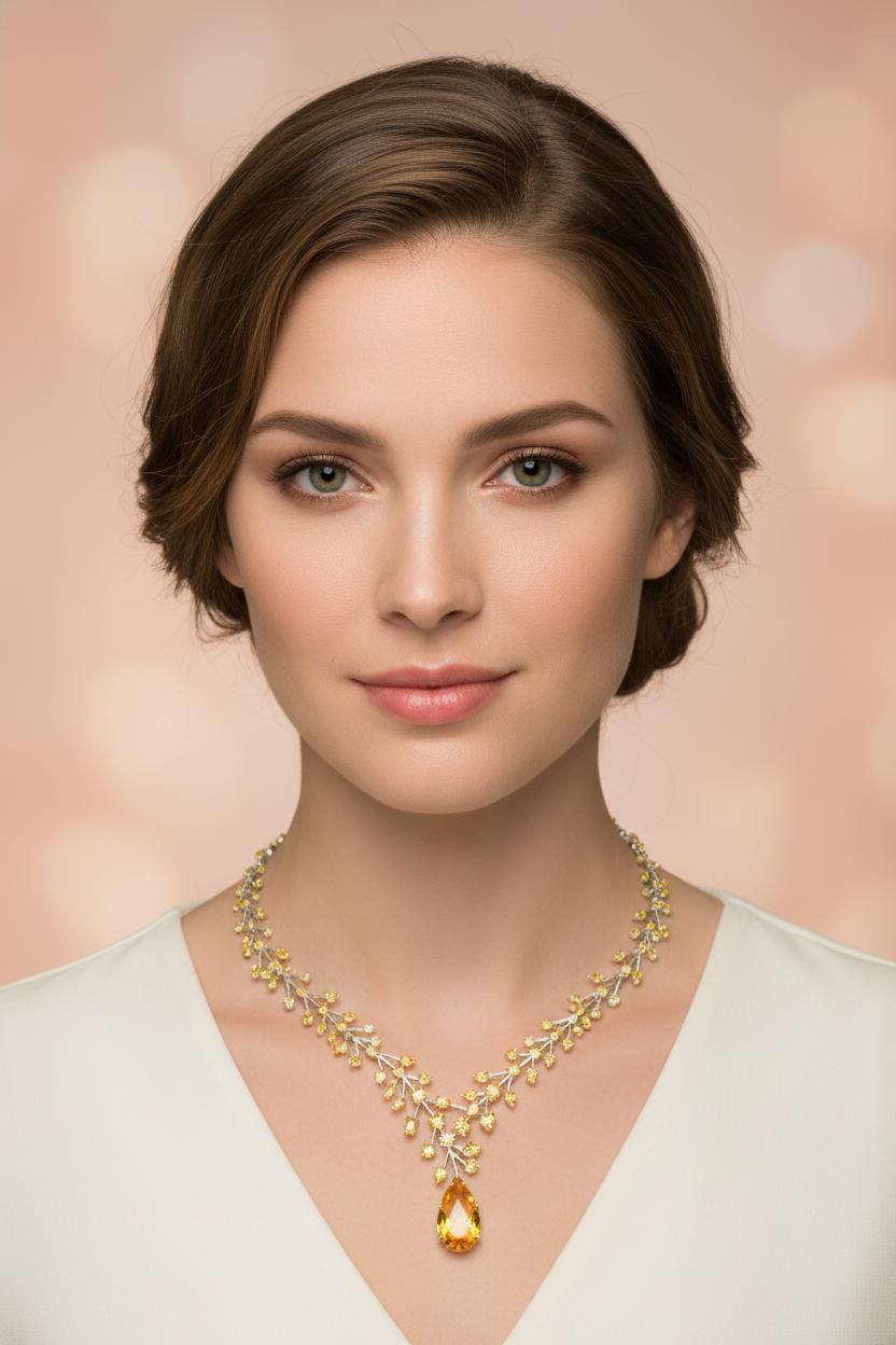 Luxury Golden Champagne Cubic Zirconia Necklace & Earrings Set