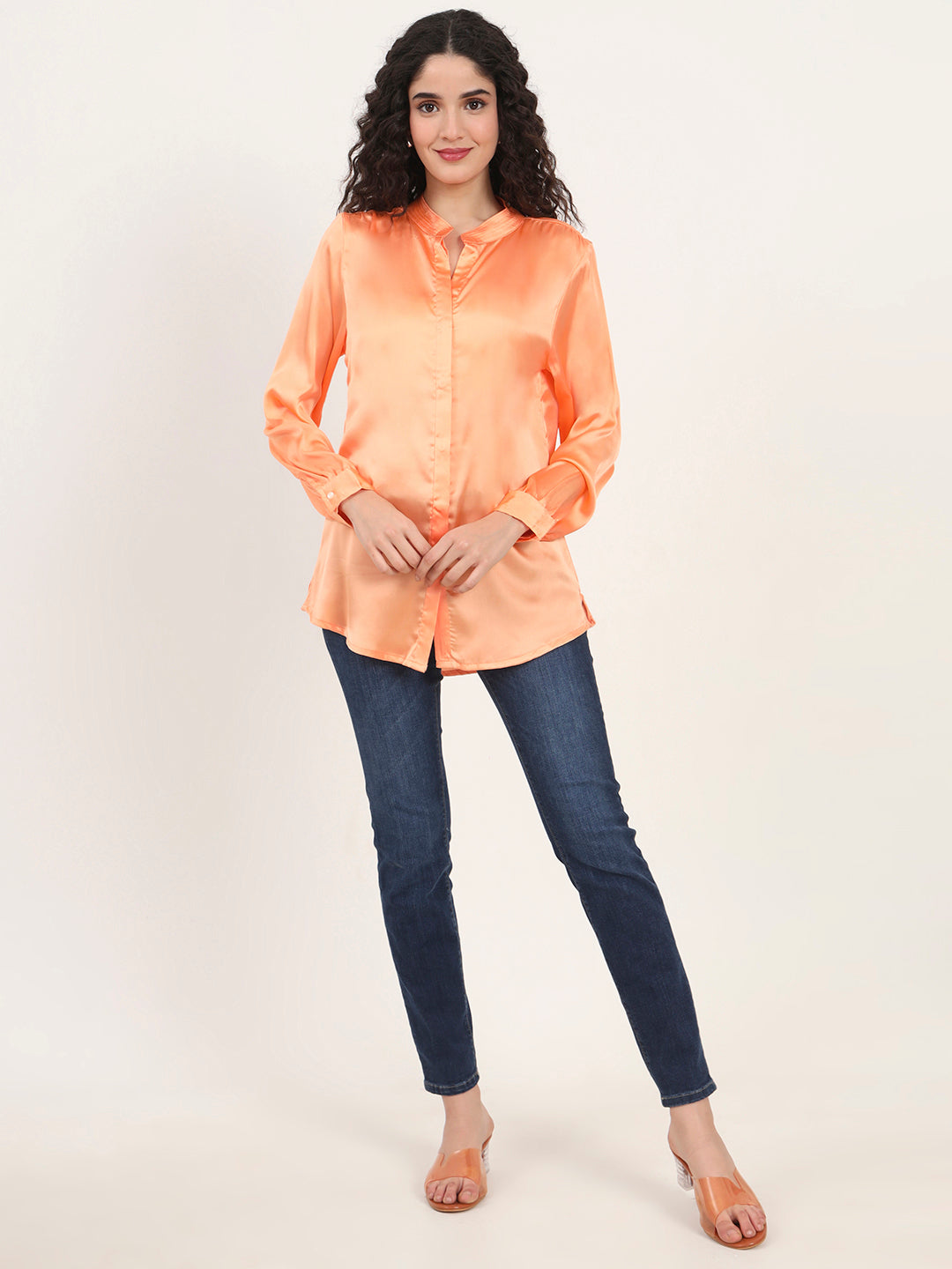 Summer Satin Crimson Orange Mandarin Collar Shirt