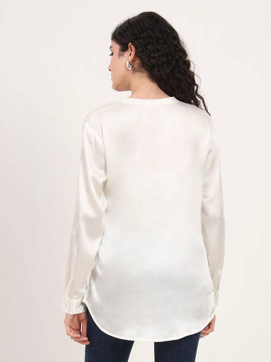 Summer Satin Off White Front Pleated Tunic