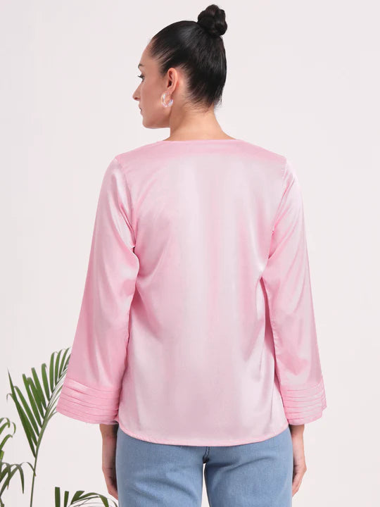 European Satin V Neck Long Sleeve Top