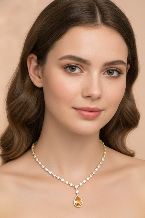 Luxury Gold-Tone Cubic Zirconia & Teardrop Crystal Pendant Necklace & Earrings Set