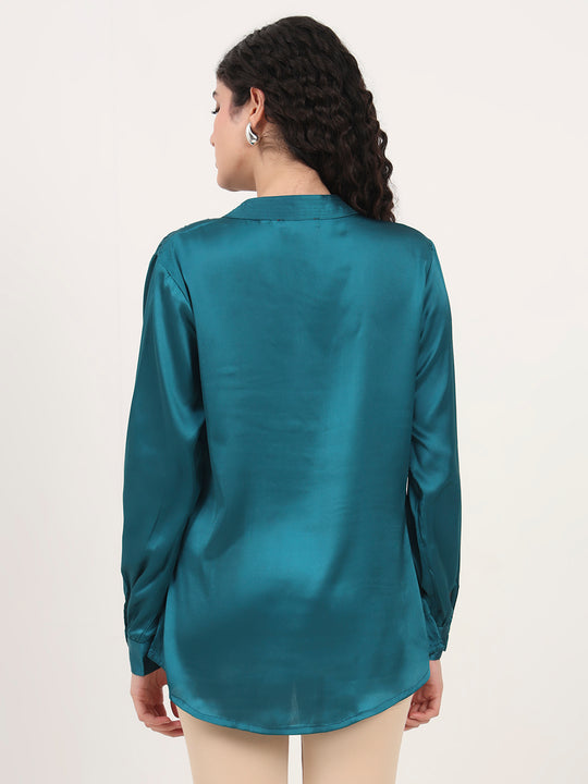 Summer Satin Peacock Mandarin Collar Shirt