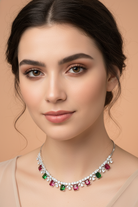 Luxury Silver-Tone Cubic Zirconia Ruby & Emerald Statement Necklace & Earrings Set