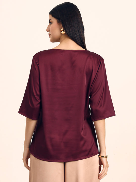 Women's Luxury Elegant Deep Plum European Satin Top
