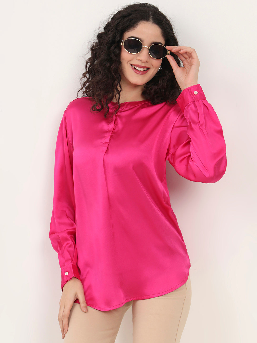 Summer Satin Magenta Front Pleated Tunic