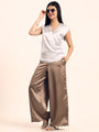 Luxury Satin Wide Leg Pants European Fabric  Mocha Pearl Glam Look