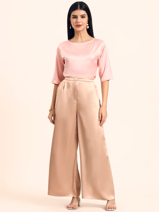 Luxury Satin Wide Leg Pants European Fabric  Peachy Pink Glam Look