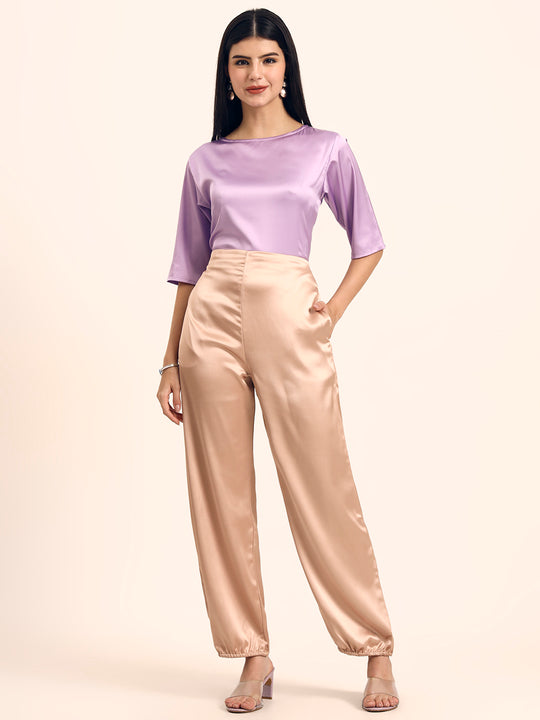 Luxury Satin Wide Leg Pants European Fabric  Light Beige Glam Look