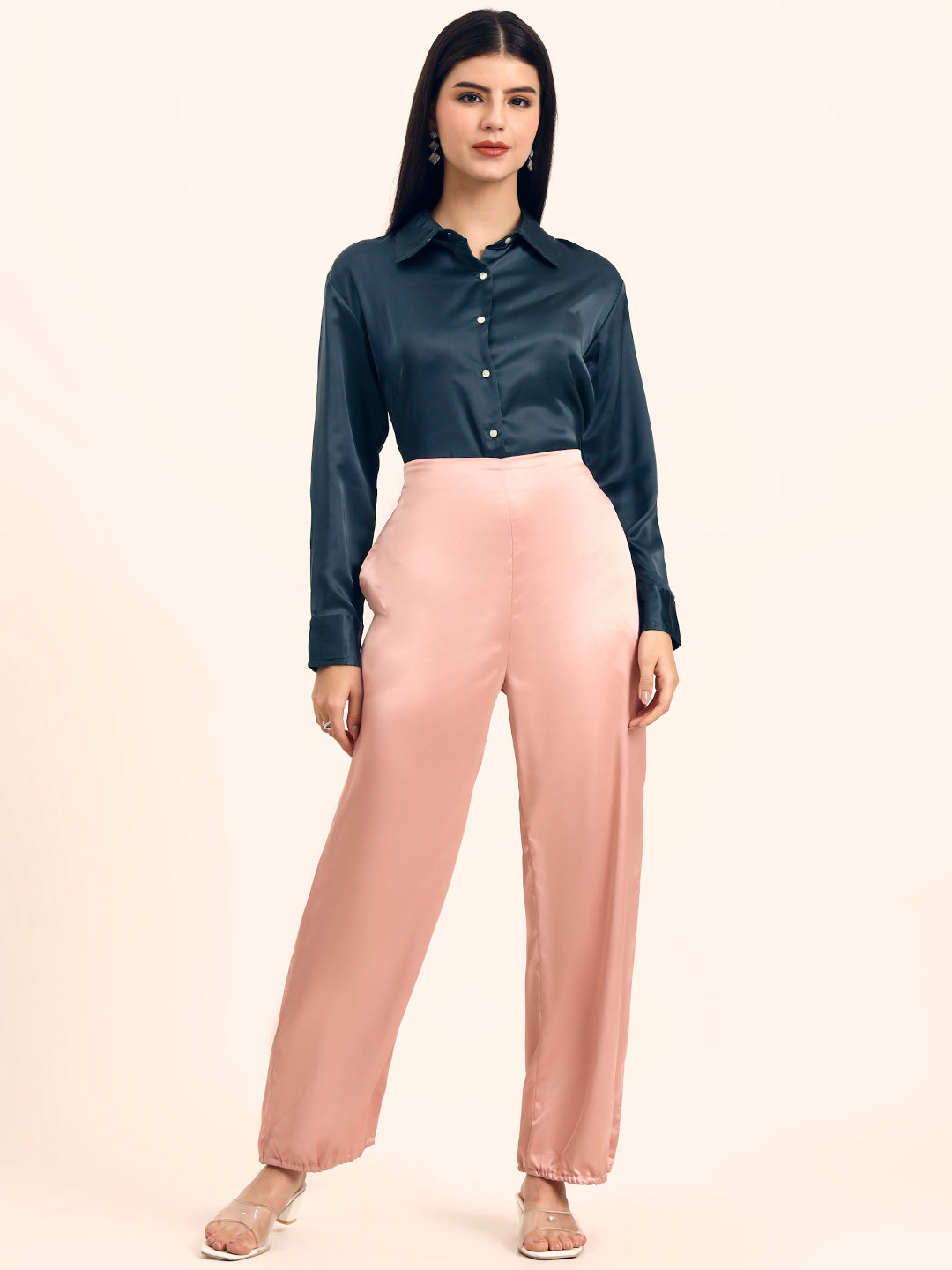 Luxury Satin Wide Leg Pants European Fabric  Blush Pink Glam Look