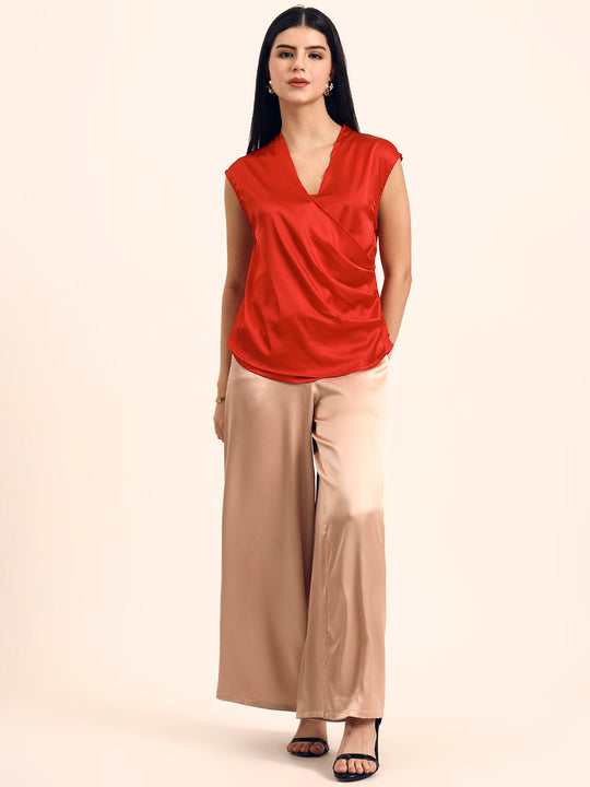 Women's Luxury European Satin V Neck Pleated Sleeveless Top