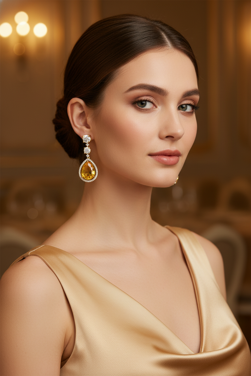 Luxury Gold-Tone Cubic Zirconia & Teardrop Crystal Pendant Necklace & Earrings Set
