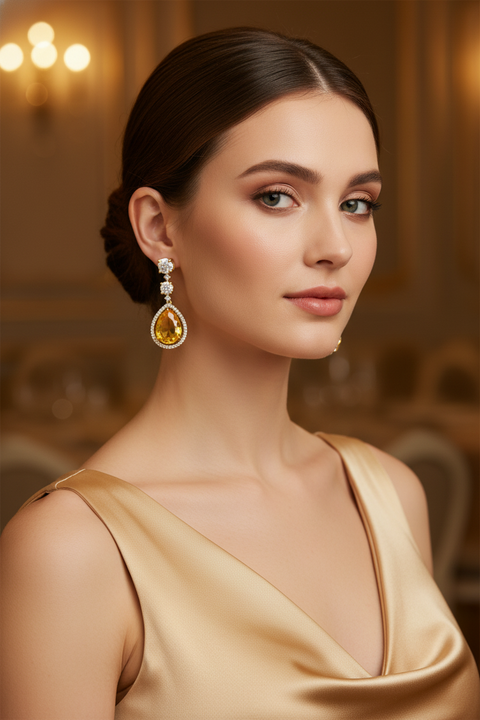 Luxury Gold-Tone Cubic Zirconia & Teardrop Crystal Pendant Necklace & Earrings Set