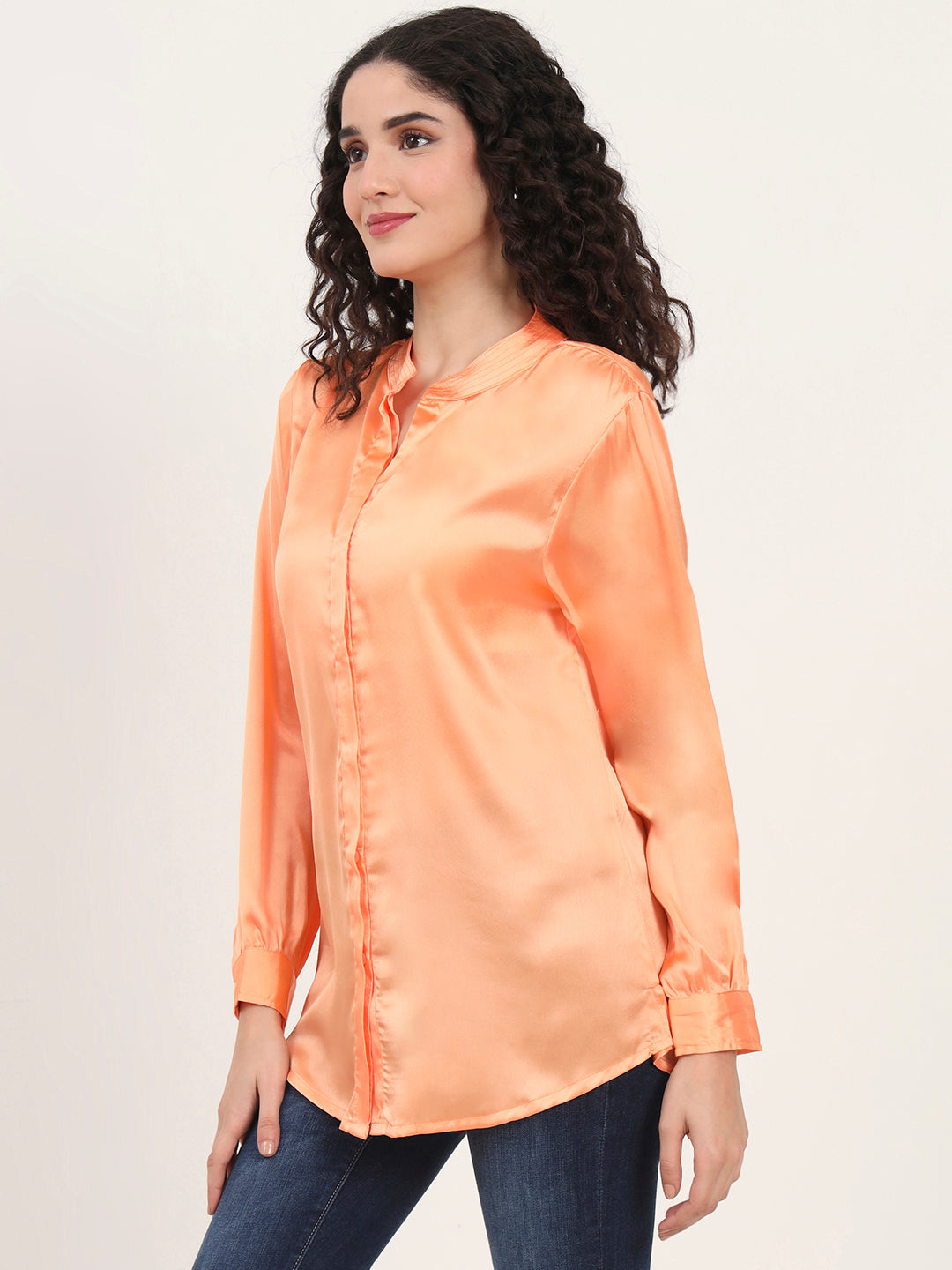Summer Satin Crimson Orange Mandarin Collar Shirt