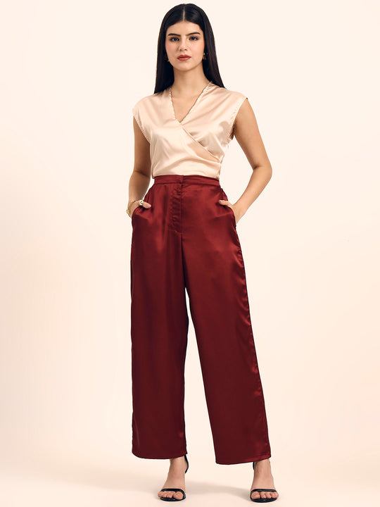 Luxury Satin Wide Leg Pants European Fabric  Wine Red Glam Look