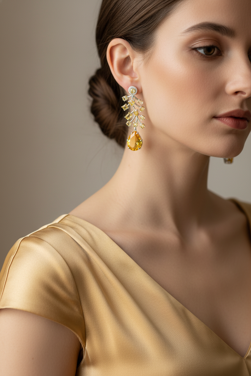 Luxury Golden Champagne Cubic Zirconia Necklace & Earrings Set