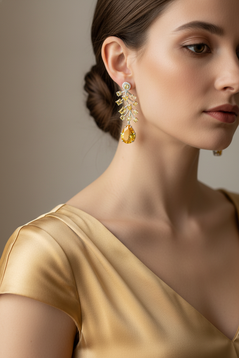 Luxury Golden Champagne Cubic Zirconia Necklace & Earrings Set