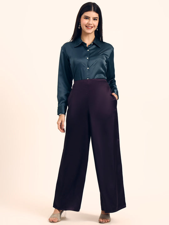 Luxury Satin Wide Leg Pants European Fabric  Plum Wine Glam Look