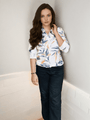 Women'S Premium Rayon Shirt With Blue And Orange Leaf Print