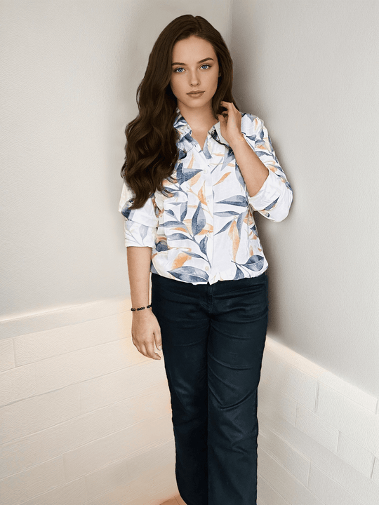 Women'S Premium Rayon Shirt With Blue And Orange Leaf Print
