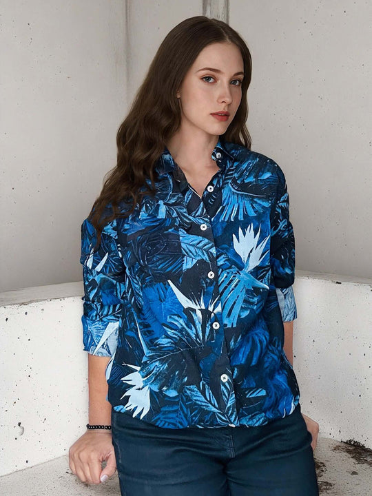 Women'S Premium Rayon Shirt With Tropical Blue Print