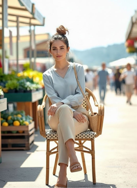 European Satin V Neck Long Sleeve Top