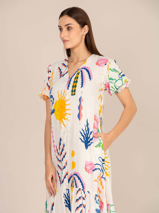 Rayon Printed Puff Sleeve A Line Front Button Maxi Dress