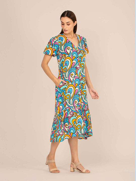 Rayon Printed Puff Sleeve A Line Front Button Maxi Dress