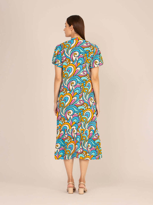 Rayon Printed Puff Sleeve A Line Front Button Maxi Dress