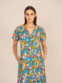 Rayon Printed Puff Sleeve A Line Front Button Maxi Dress