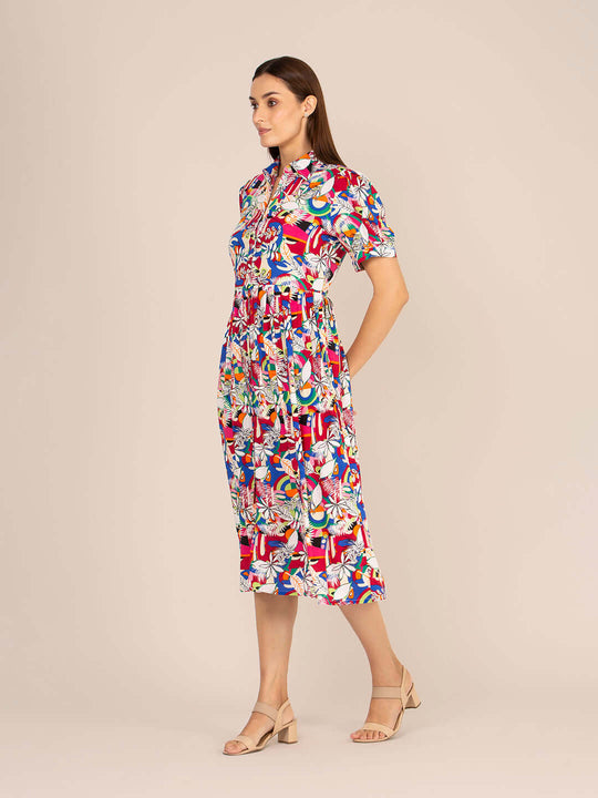 Rayon Printed Puff Sleeve A Line Shirt Dress