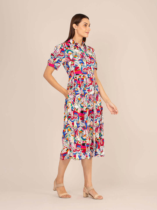 Rayon Printed Puff Sleeve A Line Shirt Dress