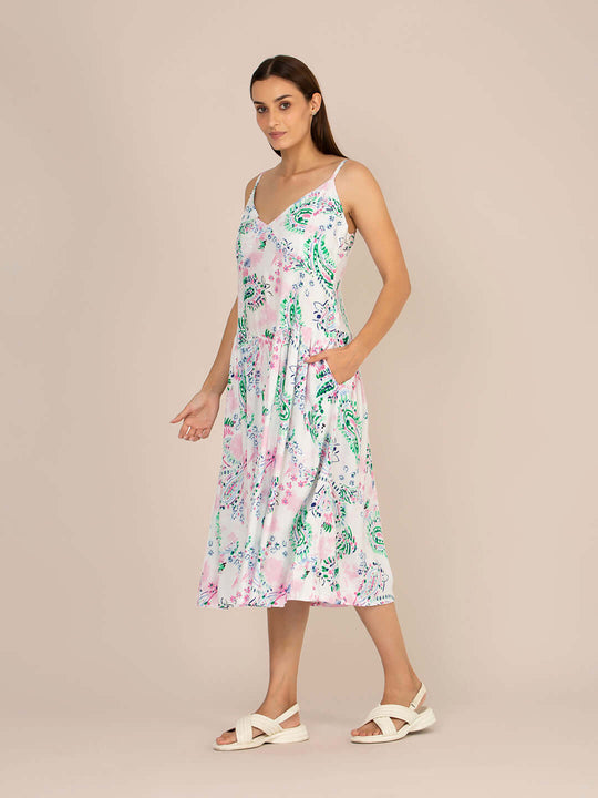 Rayon Printed Fit & Flare V Neck Shoulder Strap Maxi Dress