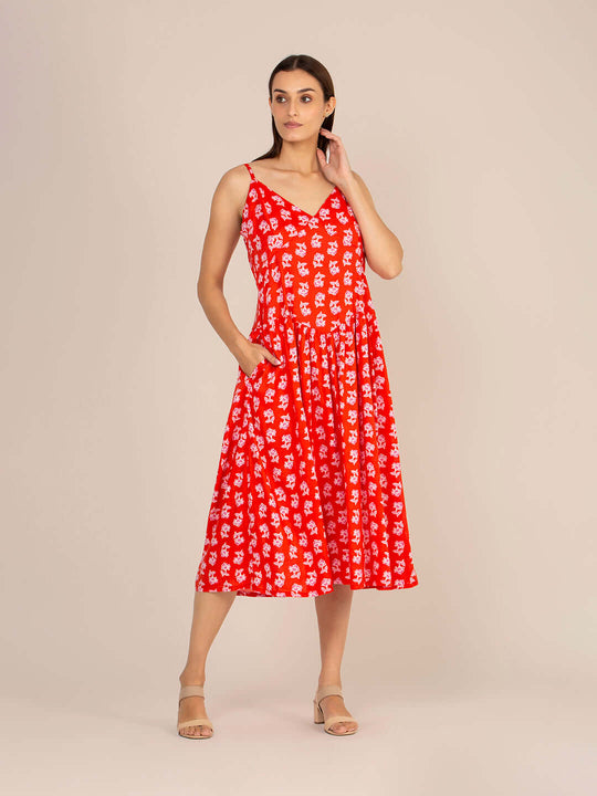 Rayon Printed Fit & Flare V Neck Shoulder Strap Maxi Dress