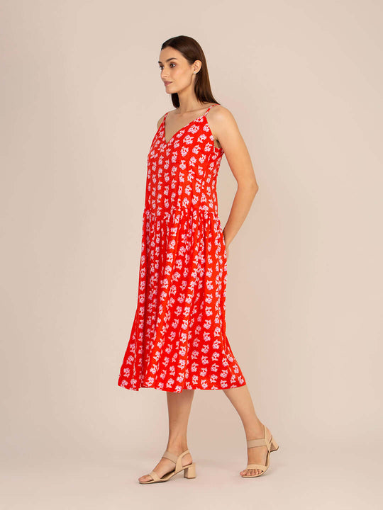 Rayon Printed Fit & Flare V Neck Shoulder Strap Maxi Dress